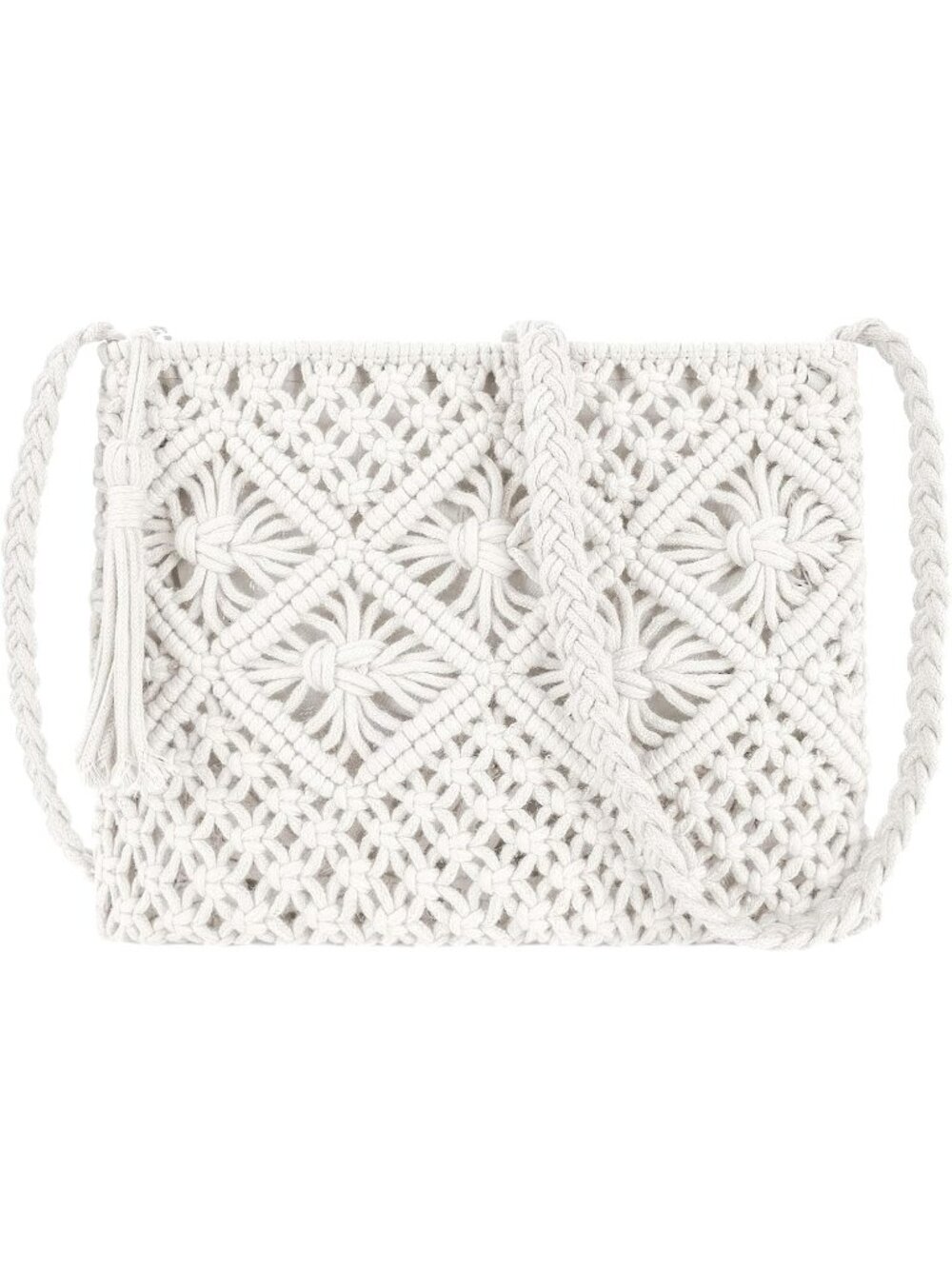Women's White Crochet Shoulder Bag Handmade Woven Beach with Tassel for Summer